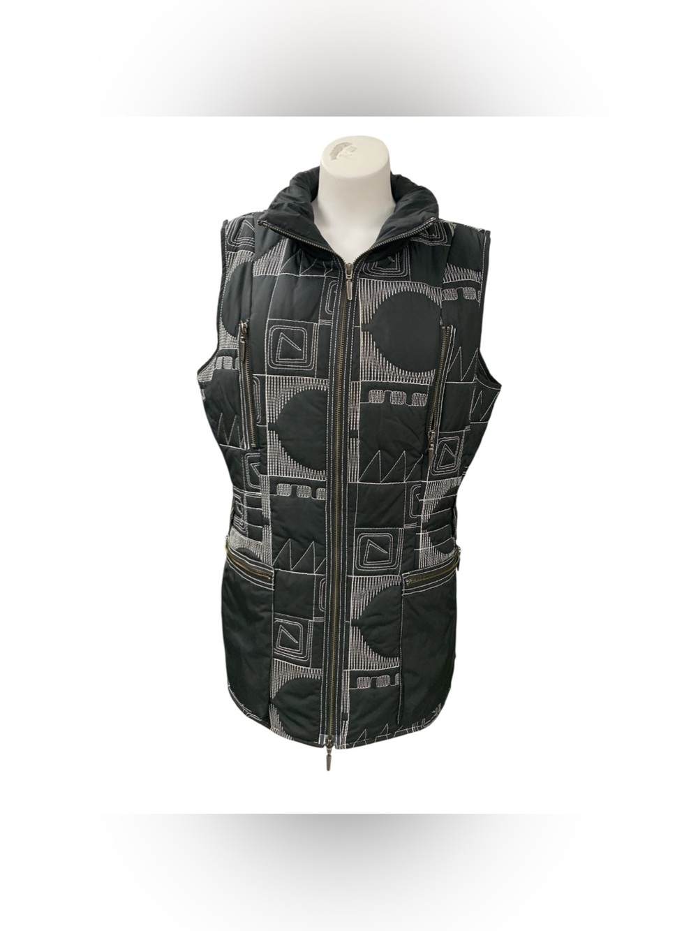 SPANNER Black Quilted Geo-Print Zip Vest Size L